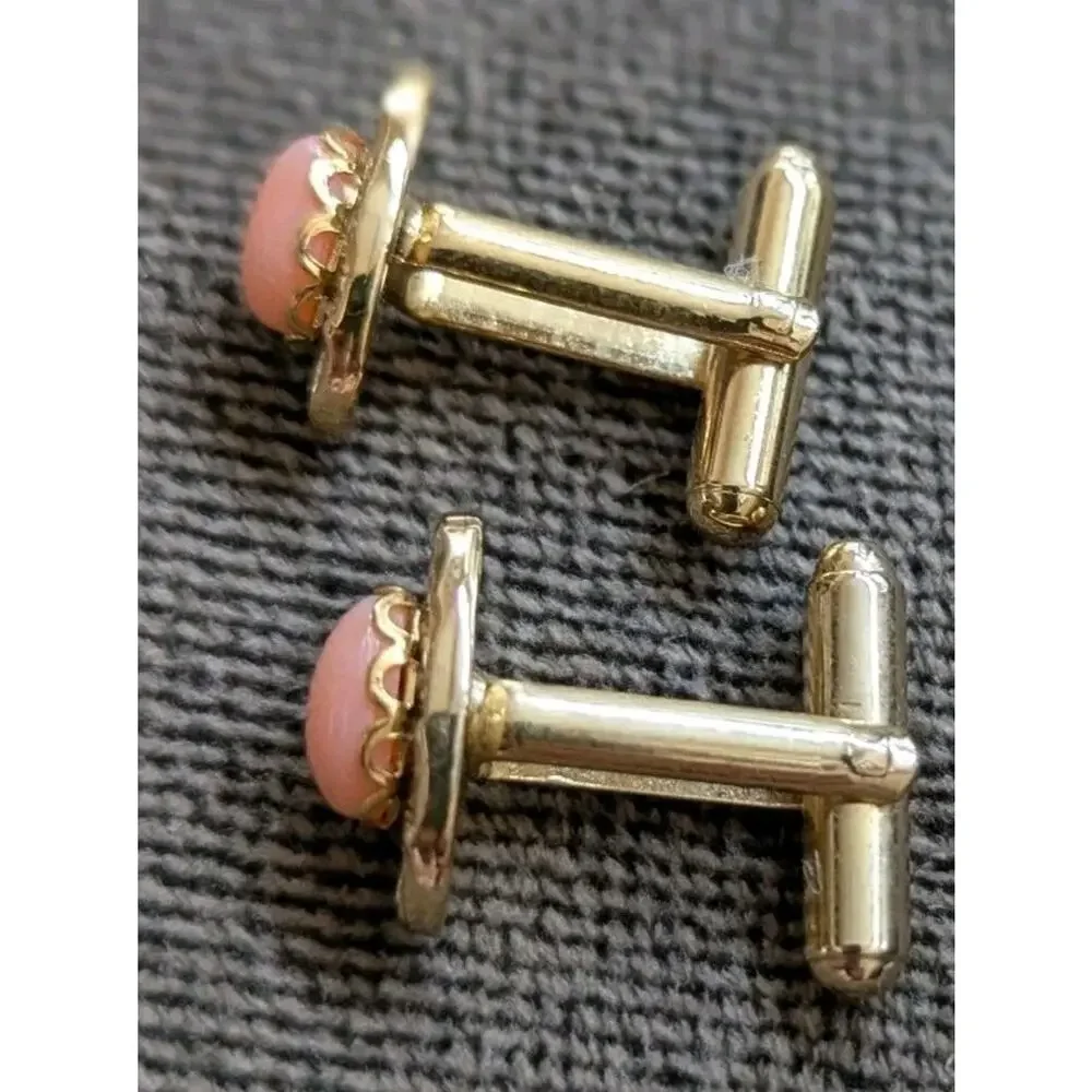 Cuff links & Tie Tack Bar Natural Pink Coral 4 PC set Gift Box Gold Tone Hawaii